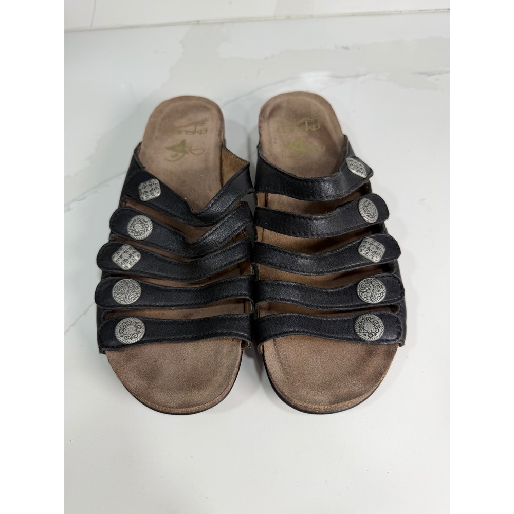 Dansko Black Leather Multi Strap Medallion Slide Sandals Size 38